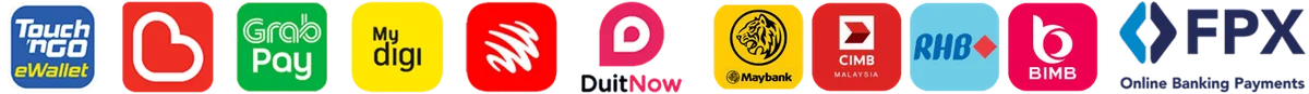 Touch 'n Go eWallet, Boost, GrabPay, MyDigi, ShopeePay, DuitNow, Maybank, CIMB, RHB, Bank Islam, FPX